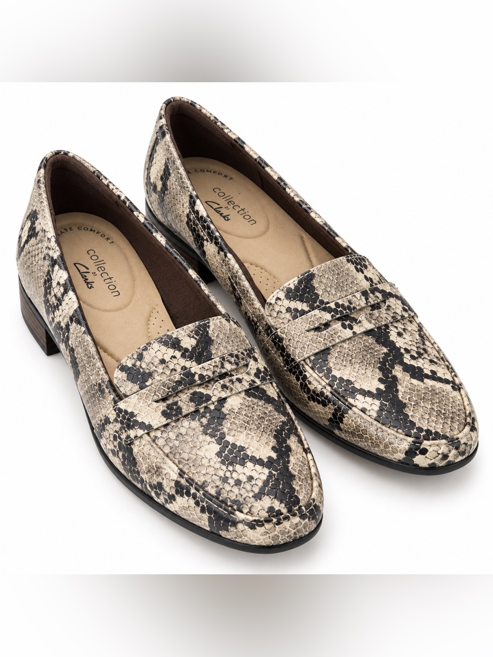 Clarks Juliet Coast Snake Print Loafers Taupe Size 8 Wide NWT